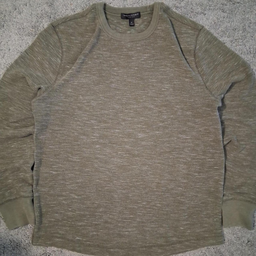 Mens 2000s thermal long sleeve crew neck henley olive green outdoors workwear